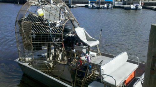 Our airboat -- even fully loaded it will go 30 miles per hour in 8 inches of water